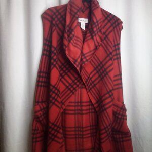 Le Moda Cardigan Vest One Size Sleeveless Fleece Plaid Red Black